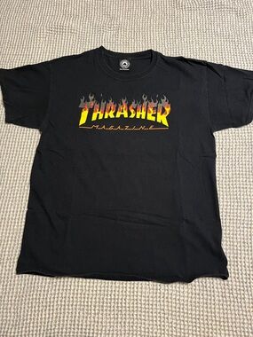 Thrasher Black Tee with Red-Yellow Flame Logo
